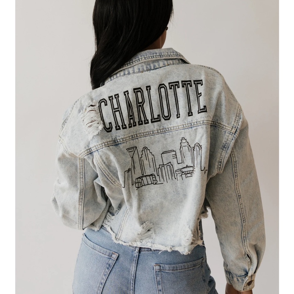 Rivalry Runway Charlotte Skyline Distressed Denim Jacket | Size M